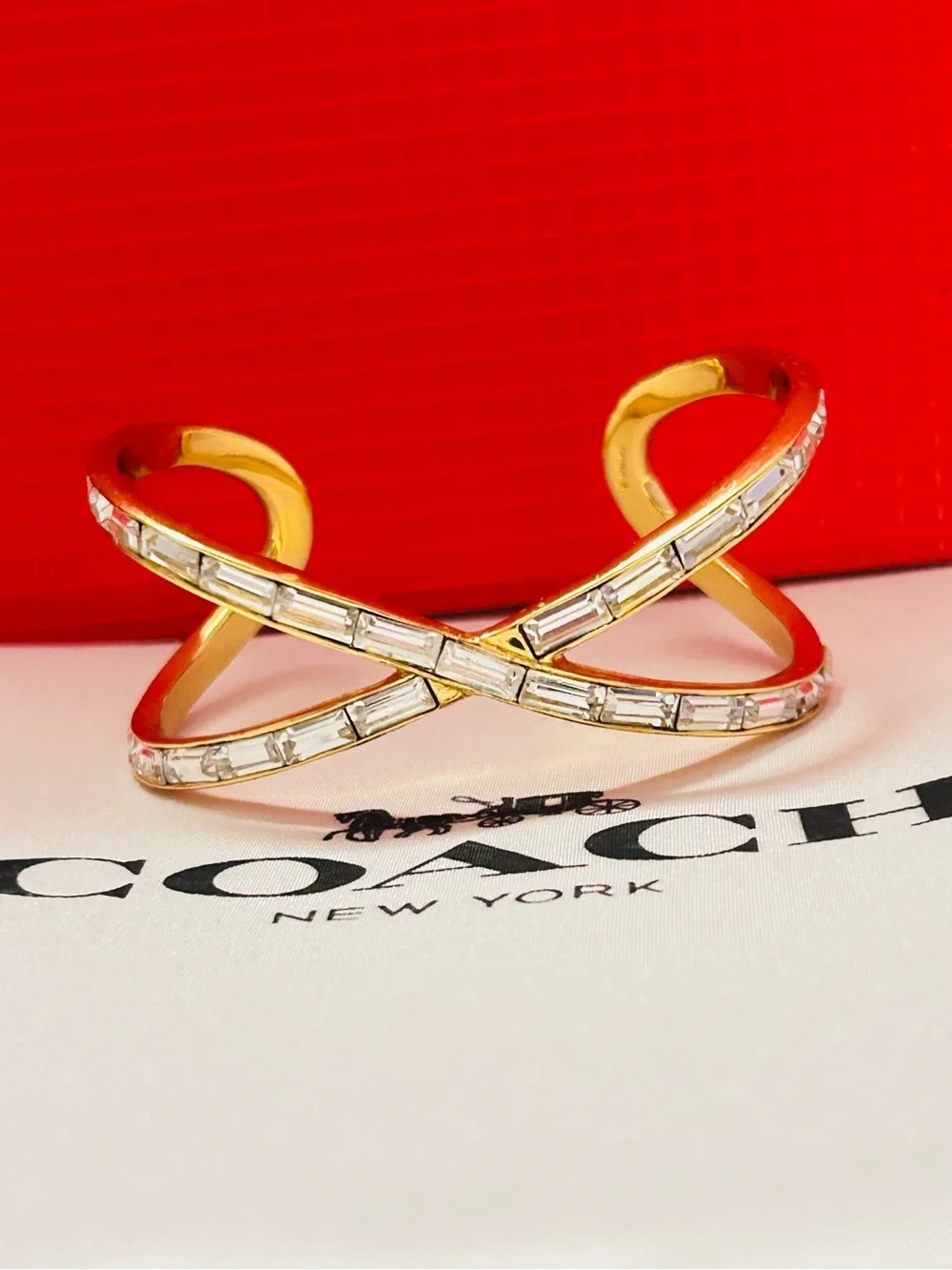 RARE Coach Gold Tone Crystal Crisscross Cuff Bracelet